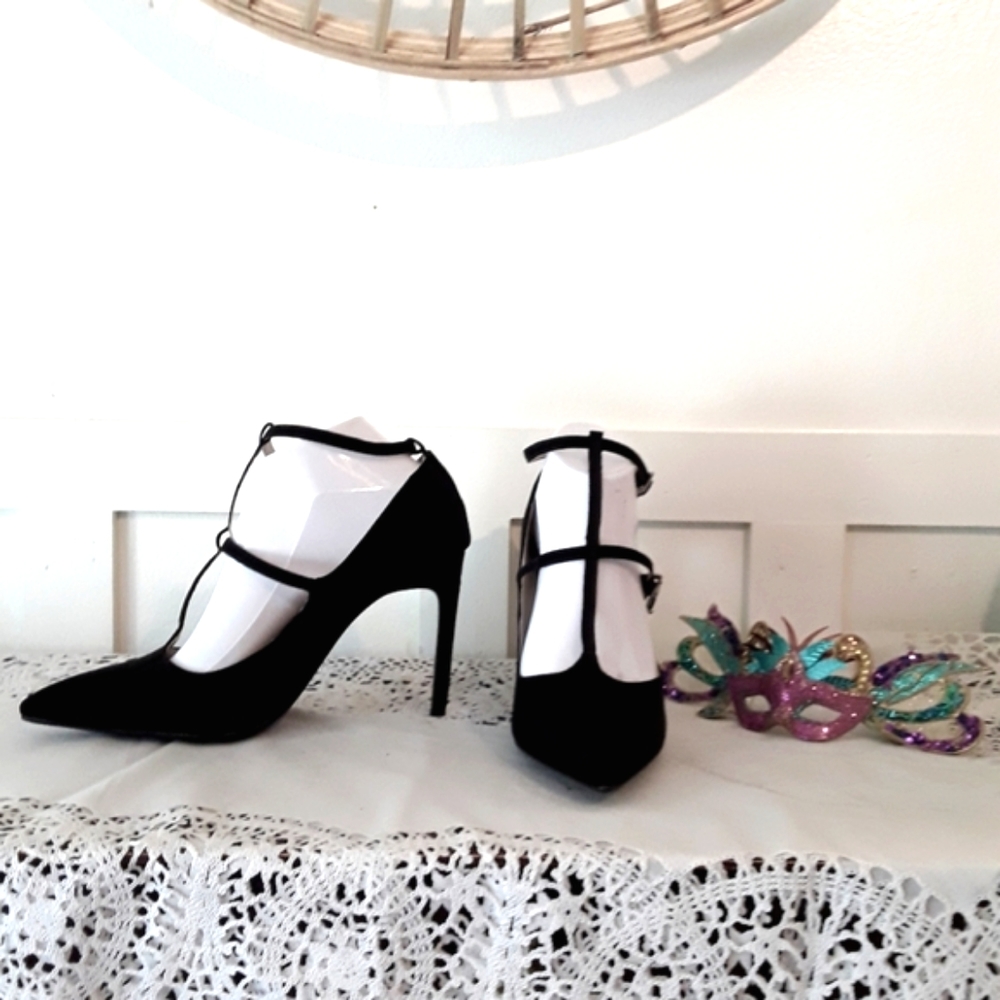 ZARA BASIC Black Suede DoubleT-Strap Stilettos 4" Heels Pumps Shoes sz 9